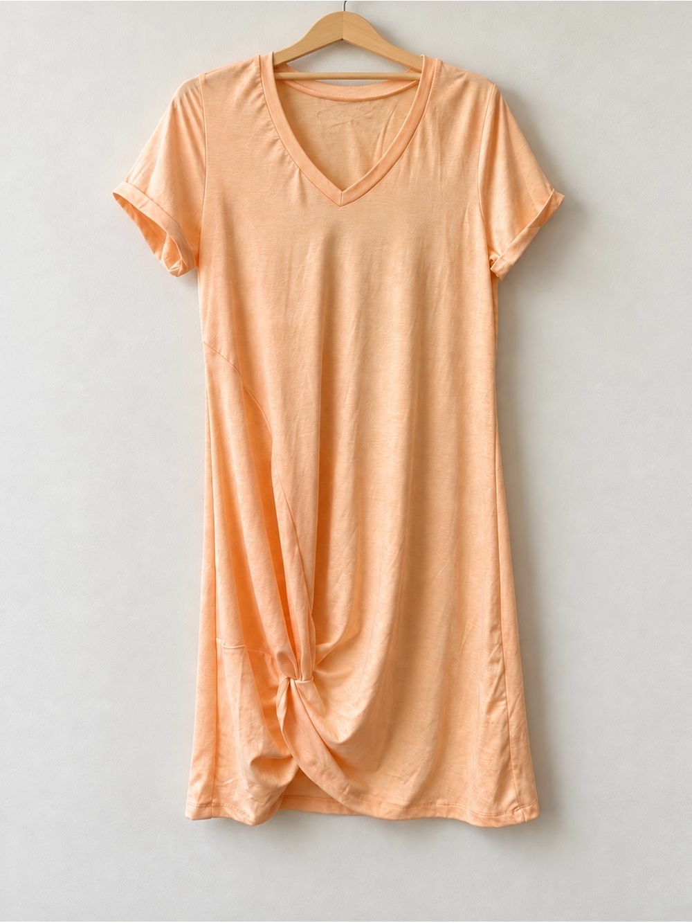 Peach V-Neck Short Sleeve Twist-Knot T-Shirt Dress